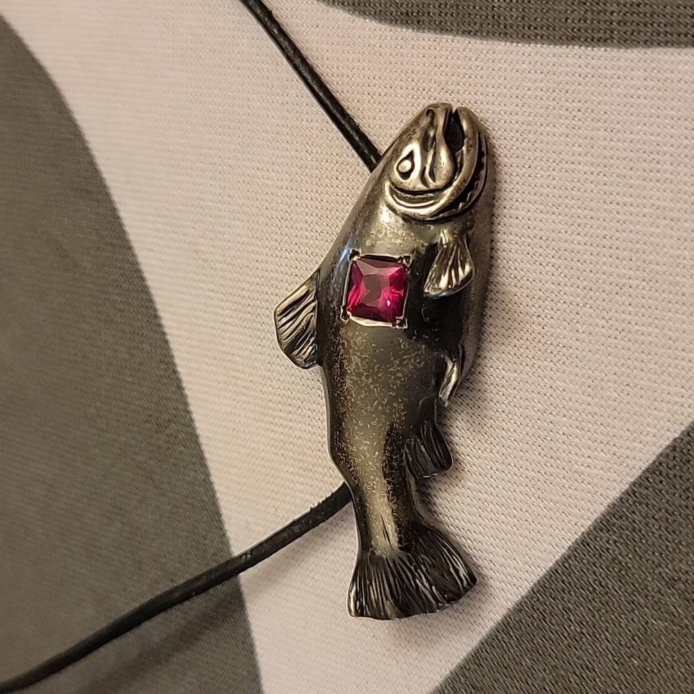 Vintage Oxidized Silver Salmon Necklace with Red Gemstone